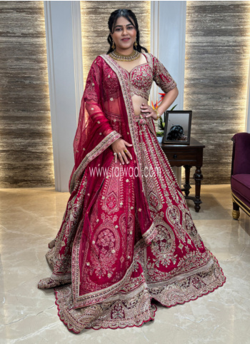 Stunning Cherry Red Heavy Embroidered Silk Lehenga Choli For Bride