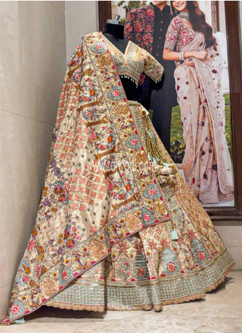 Golden Cream Embroidered Silk Lehenga Choli