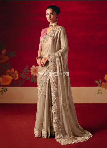 Light Beige Embroidered Organza Silk Saree