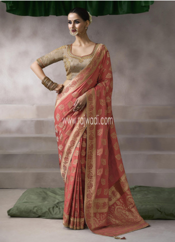 Dark Peach Woven Crepe Silk Saree