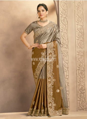 Golden And Beige Color Designer Silk Saree