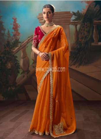 Orange Embroidered Chiffon Saree