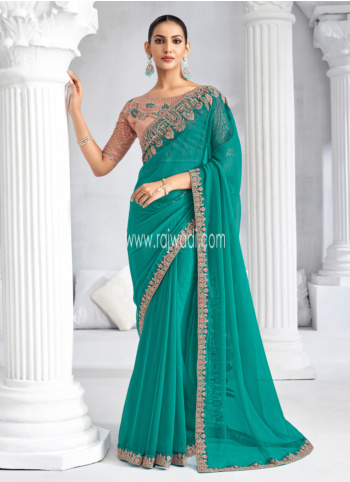 Teal Chiffon Saree With Embroidered Border