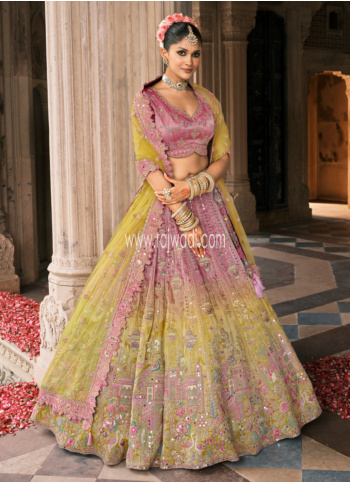 Designer Onion Pink And Lime Green Embroidered Silk Wedding Lehenga Choli For Wedding