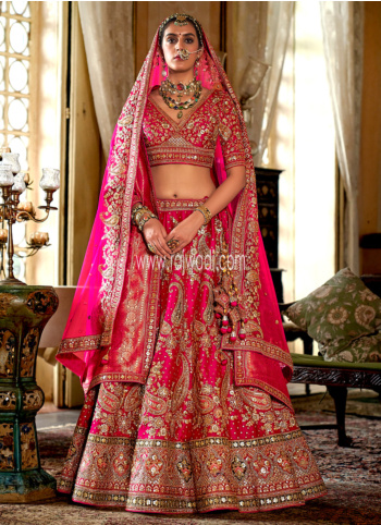 Deep Pink Heavy Embroidered Silk Bridal Lehenga Choli WithDouble Dupatta