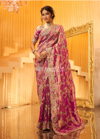 Rani Color Embroidered Silk Saree
