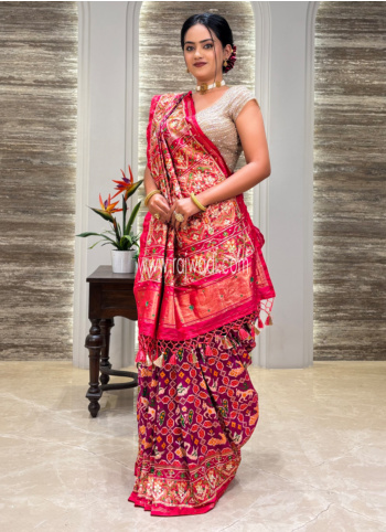 Purple And Pink Patola Woven Embroidered Banarasi Silk Saree