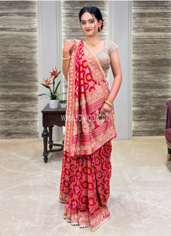Pink Embroidered Banarasi Chiffon Saree