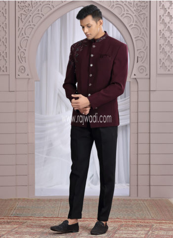 Wine Embroidered Imported Jodhpuri Suit