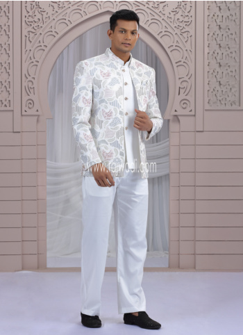 Cream Embroidered Art Silk Jodhpuri Suit
