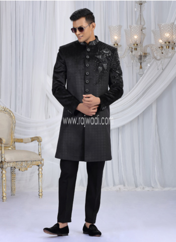 Black Embroidered Velvet Indowestern Set