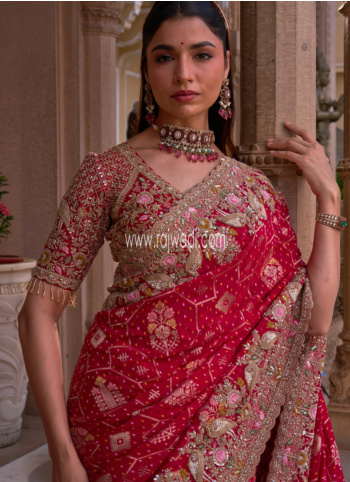 Red Woven Silk Saree With Embroidered Border