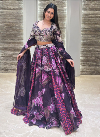 Purple Embroidered Crepe Silk Lehenga Choli