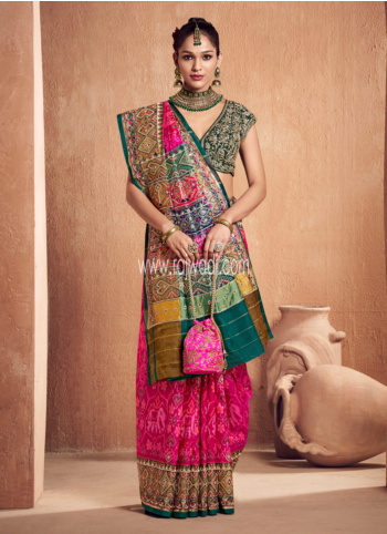 Rani And Green Embroidered Patola Silk Saree