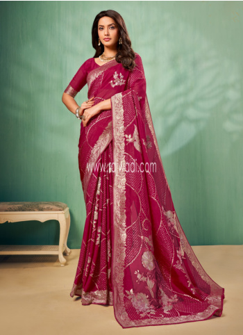 Dark Rani Color Woven Banarasi Chiffon Saree