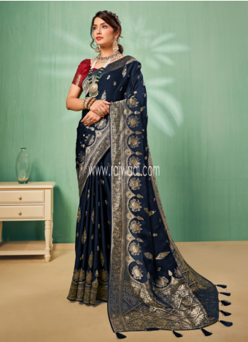 Navy Blue Color Woven Banarasi Silk Saree