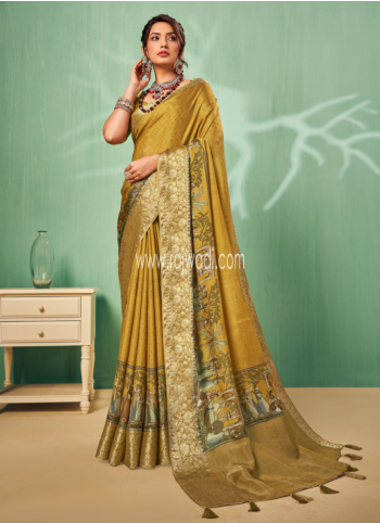 Mustard Yellow Printed Silk Saree