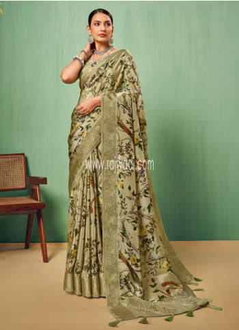 Light Pista Green Printed Silk Saree