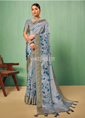 Light Steel Blue Printed Silk Saree