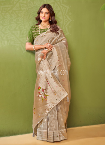 Beige Color Embroidered Tissue Fabric Saree
