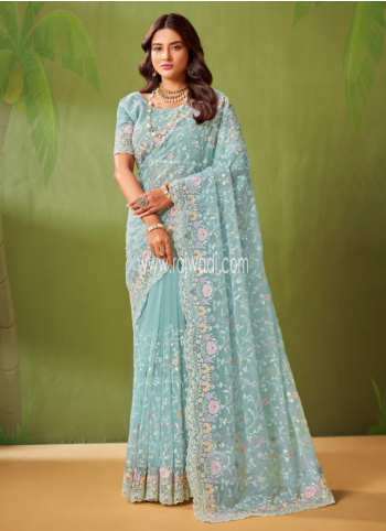 Light Sky Blue Embroidered Georgette Chiffon Saree