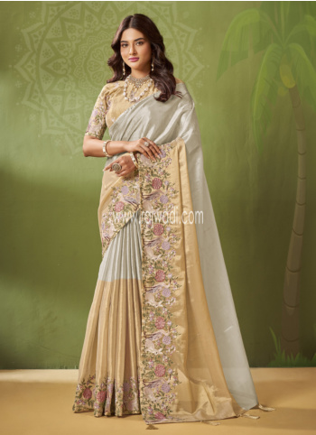 Grey Thread Embroidred Shimmer Silk Saree