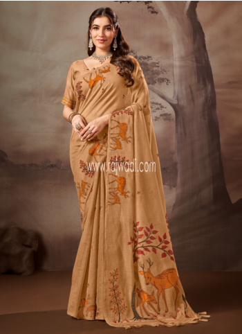 Dark Cream Printed Pashmina Silk Saree