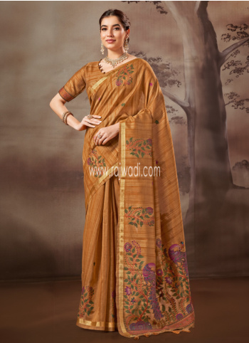 Mustard Yellow Woven Pashmina Silk Saree