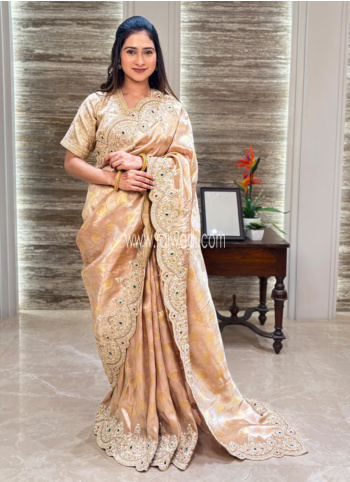 Golden Beige Embroidered Tissue Silk Saree
