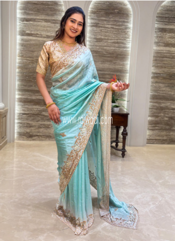 Light Aqua Embroidered Crepe Silk Saree