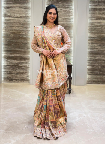 Beige Embroidered Tissue Silk Saree