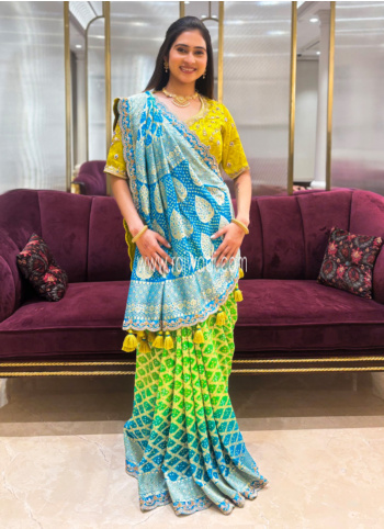 Parrot Green And Sky Blue Bandhani Choli Saree