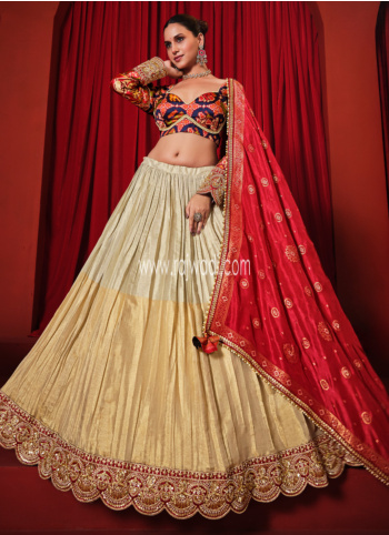 Golden Beige And Red Silk Lehenga Choli