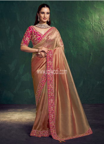 Golden And Pink Color Embroidered Organza Saree