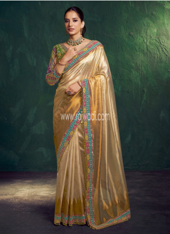 Golden Embroidered Organza Saree