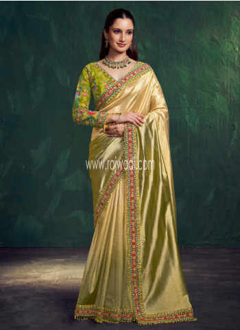 Olive Green And Golden Embroidered Organza Saree