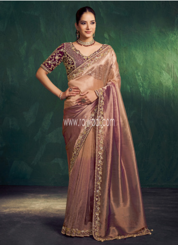 Dusty Rose And Purple Embroidered Organza Saree