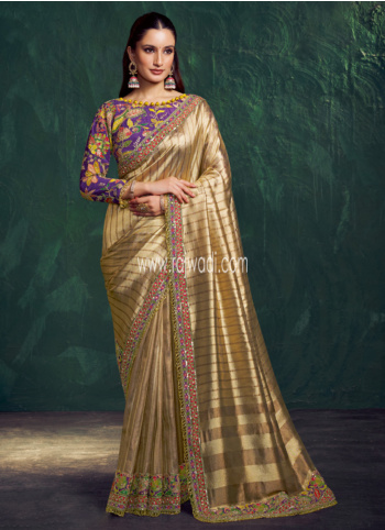 Golden Color Embroidered Organza Saree