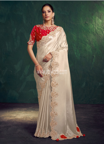 Off White Embroidered Organza Saree