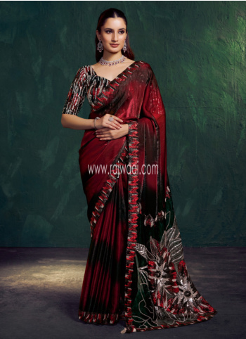 Black And Red Sequins Embroidered Organza Saree