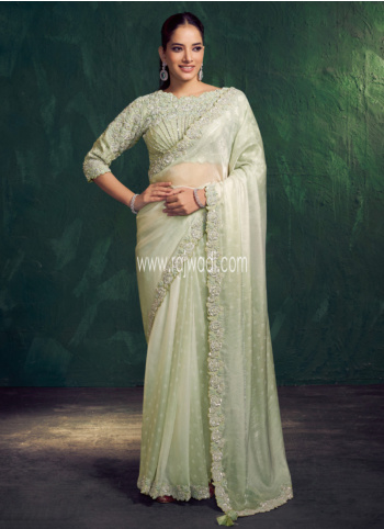 Pastel Green Embroidered Organza Saree