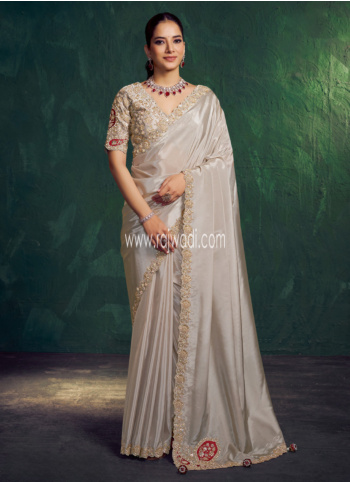 Grey Color Embroidered Organza Saree