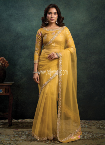 Yellow Embroidered Organza Silk Saree