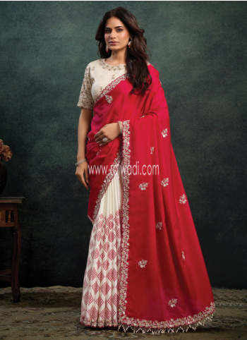 Red And Cream Embroidered Shimmer Silk Saree