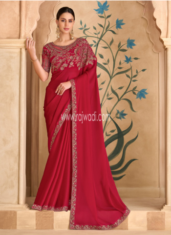 Red Color Embroidered Chiffon Silk Saree