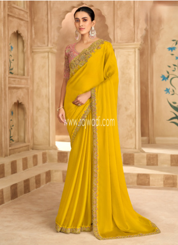 Yellow Color Embroidered Chiffon Silk Saree