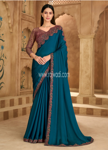 Blue Color Embroidered Chiffon Silk Saree