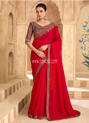 Red Embroidered Chiffon Silk Saree