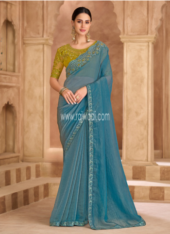 Sky Blue Color Embroidered Organza Saree