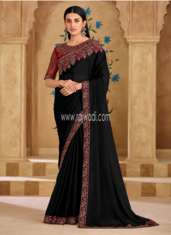 Black Embroidered Chiffon Silk Saree